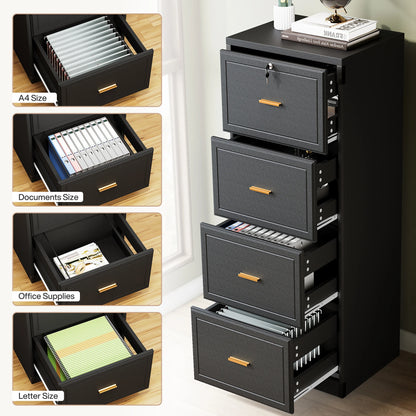 MonoWood 4-Drawer File Cabinet with Lock, Locked File Cabinet with Key, Tall Wooden Filing Cabinets for Home Office