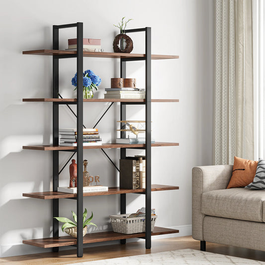 MonoWood 5-Tier Bookshelf, Vintage Industrial Style Bookcase 72 H x 12 W x 47L Inches