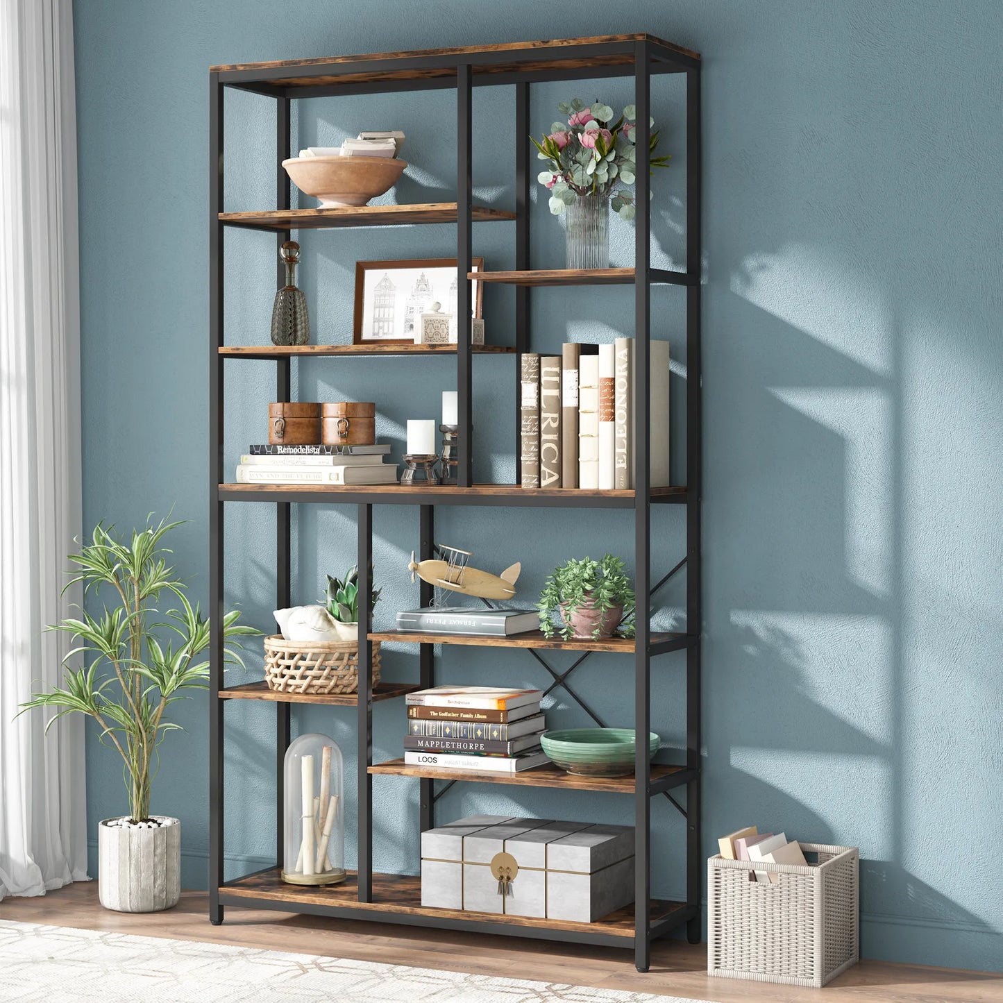 MonoWood 79 Inches Bookcase with Open Shelves, 9-Tier Industrial Bookshelf, 10 Cubes Etagere Storage Shelves Display Shelf