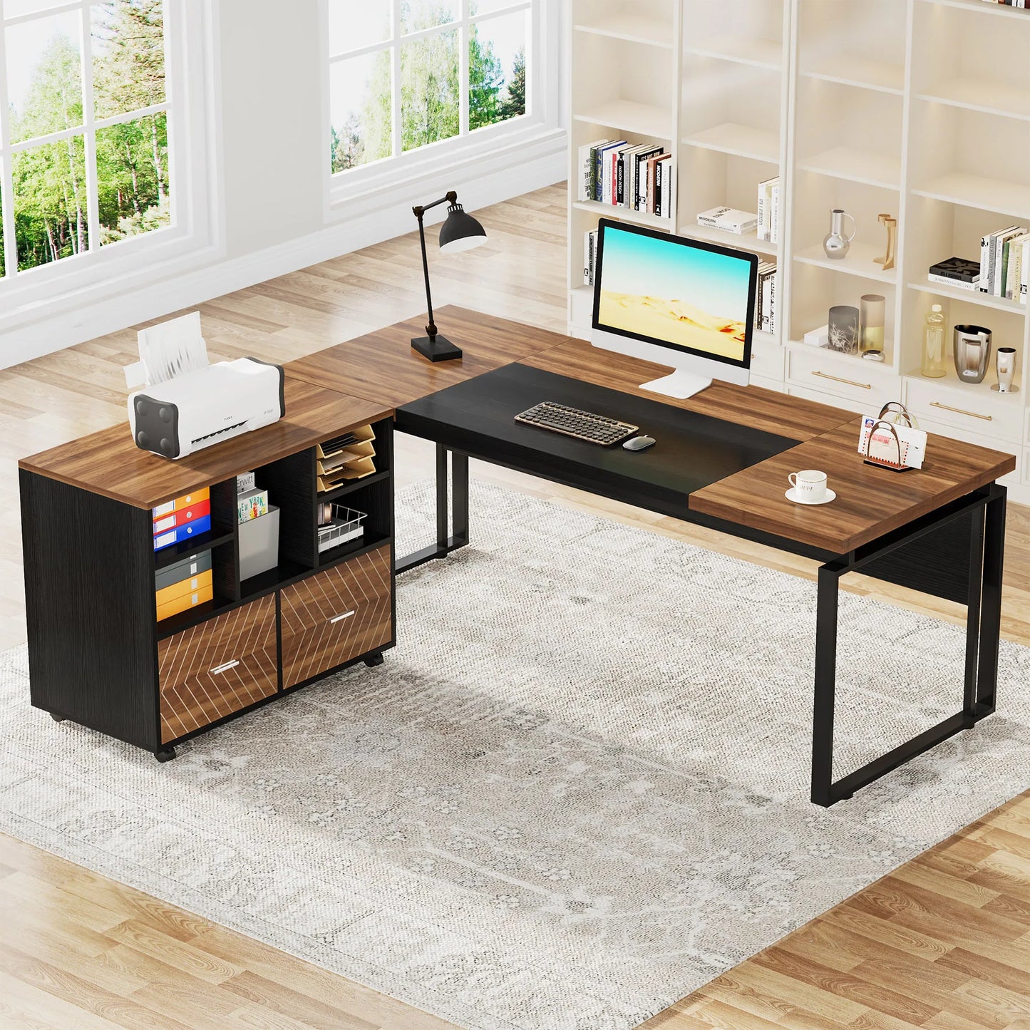 MonoWood L-Shaped Executive Desk with Reversible File Cabinet, 63" Office Desk with Storage Drawers, Computer Desk Set