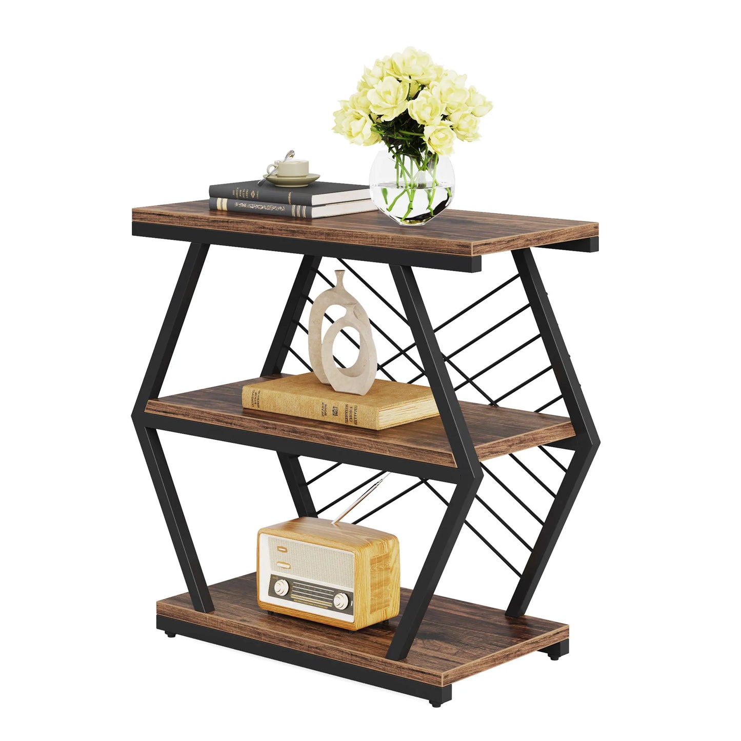 MonoWood End Table, Industrial Side Table with 3 Storage Shelves, Wood Sofa Side Table with Geometric Metal Frame