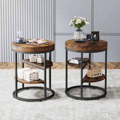 MonoWood Round End Table, Small End Table with 3 Storage Shelves, Wood Side Table for Small Spaces, Industrial Sofa Table