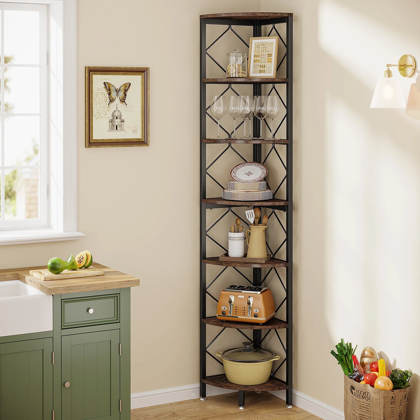 MonoWood 7-Tier Corner Shelf, 78.7” Extra Tall Corner Bookcase, Industrial Slim Corner Bookshelf for Small Narrow Space