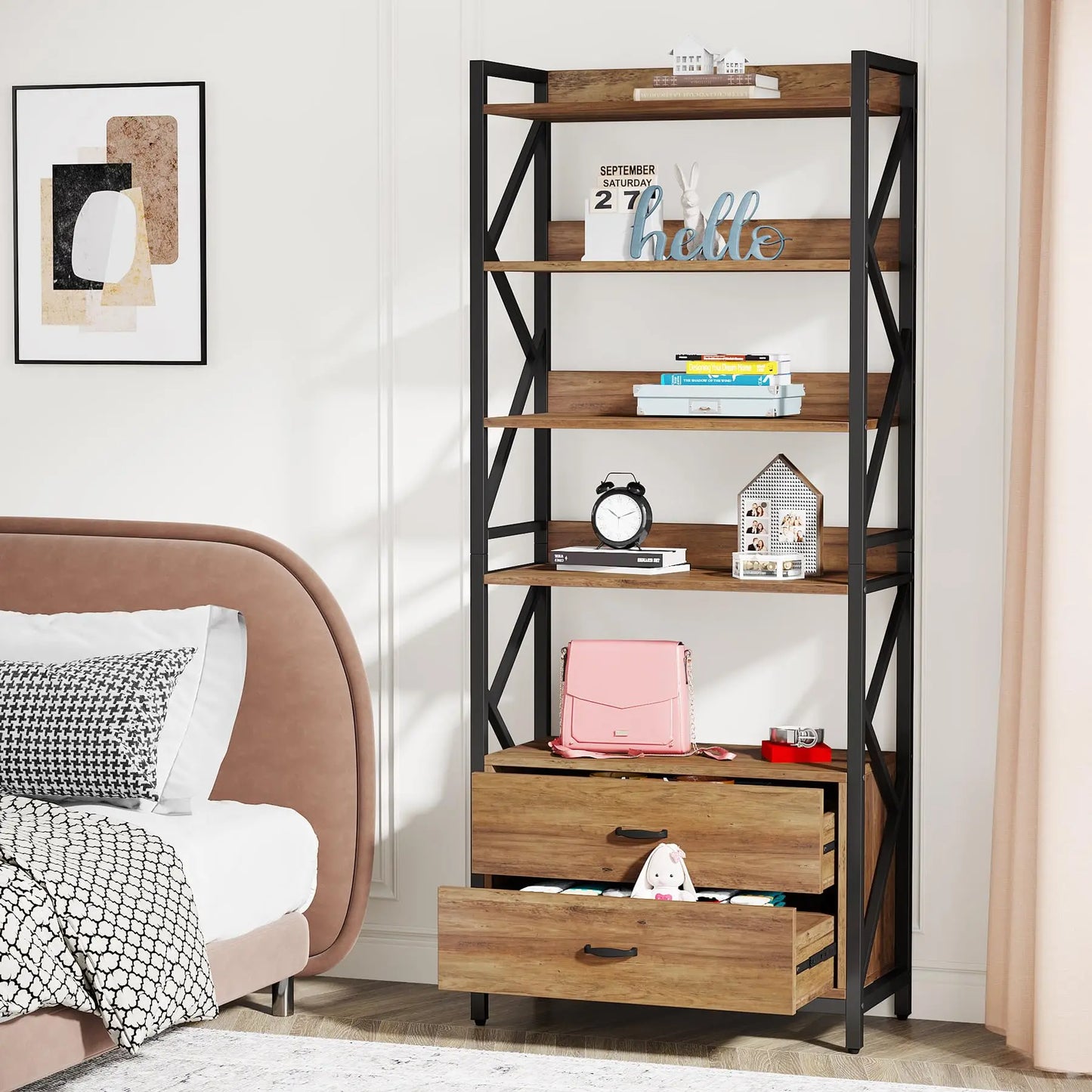 MonoWood Bookshelf with 2 Drawers, 70.8" Industrial Bookcase Bookshelf, 5 Shelf Open Shelf for Storage, Wood Book Shelf for Li