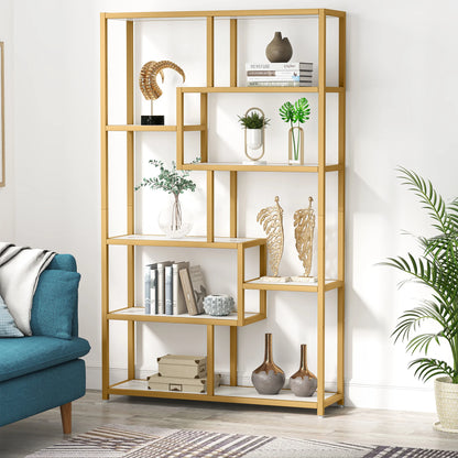 MonoWood Bookshelf Bookcase, Gold 8-Open Shelf Etagere Bookcase with Faux Marble, Modern Book Shelves Display Shelf
