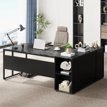 MonoWood 71 inch Executive Desk, L Shaped Desk with Cabinet Storage, Executive Office Desk with Shelves, Business Furniture