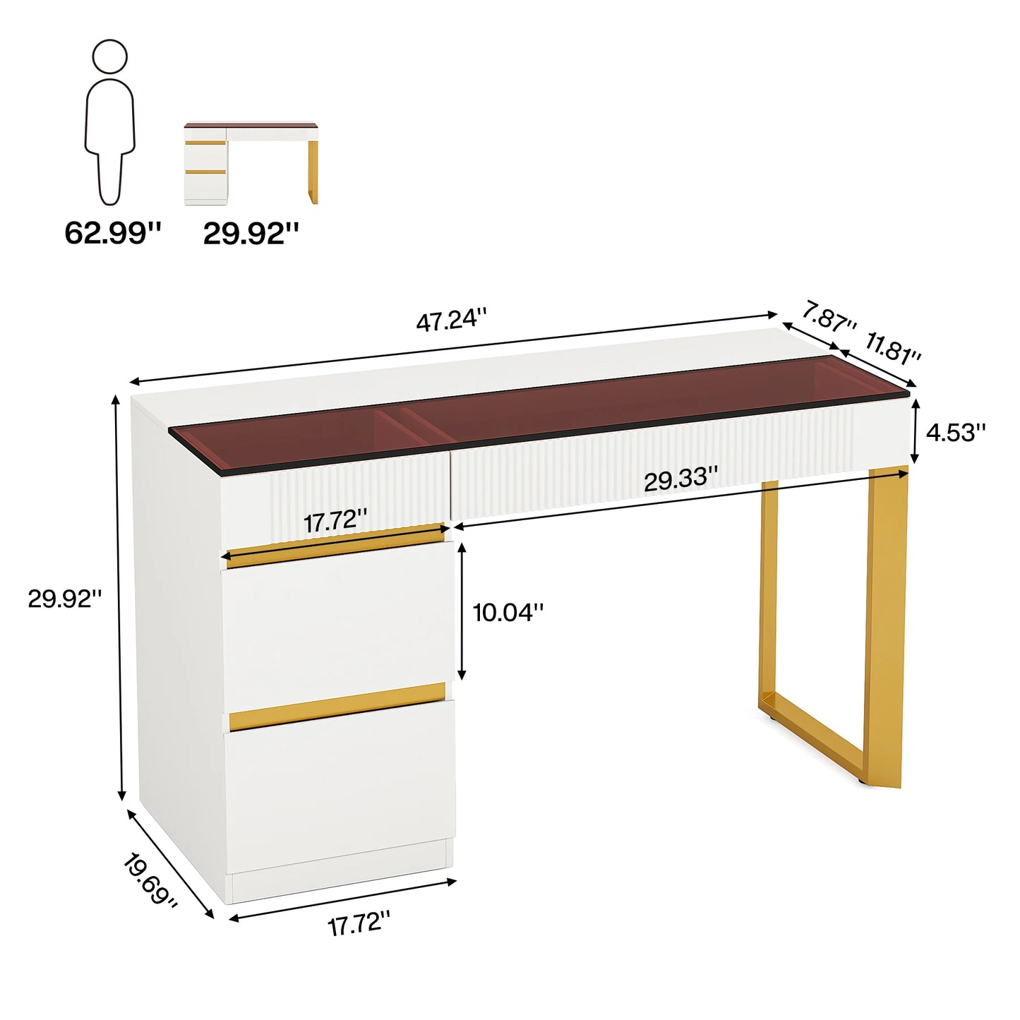 MonoWood Computer Desk with 4 Drawers, 47 Inch Modern Home Office Desk with Glass Top, White and Gold Writing Workstation Desk