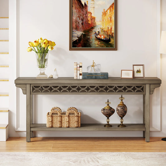 MonoWood 70.8-Inch Solid Wood Long Console Table, Farmhouse Entryway Table with Storage, Narrow Sofa Table Grey Couch Table