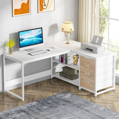 MonoWood L Shaped Computer Desk with Storage Drawers, 59 inch Corner Desk with Shelves, Reversible L-Shaped Office Desk