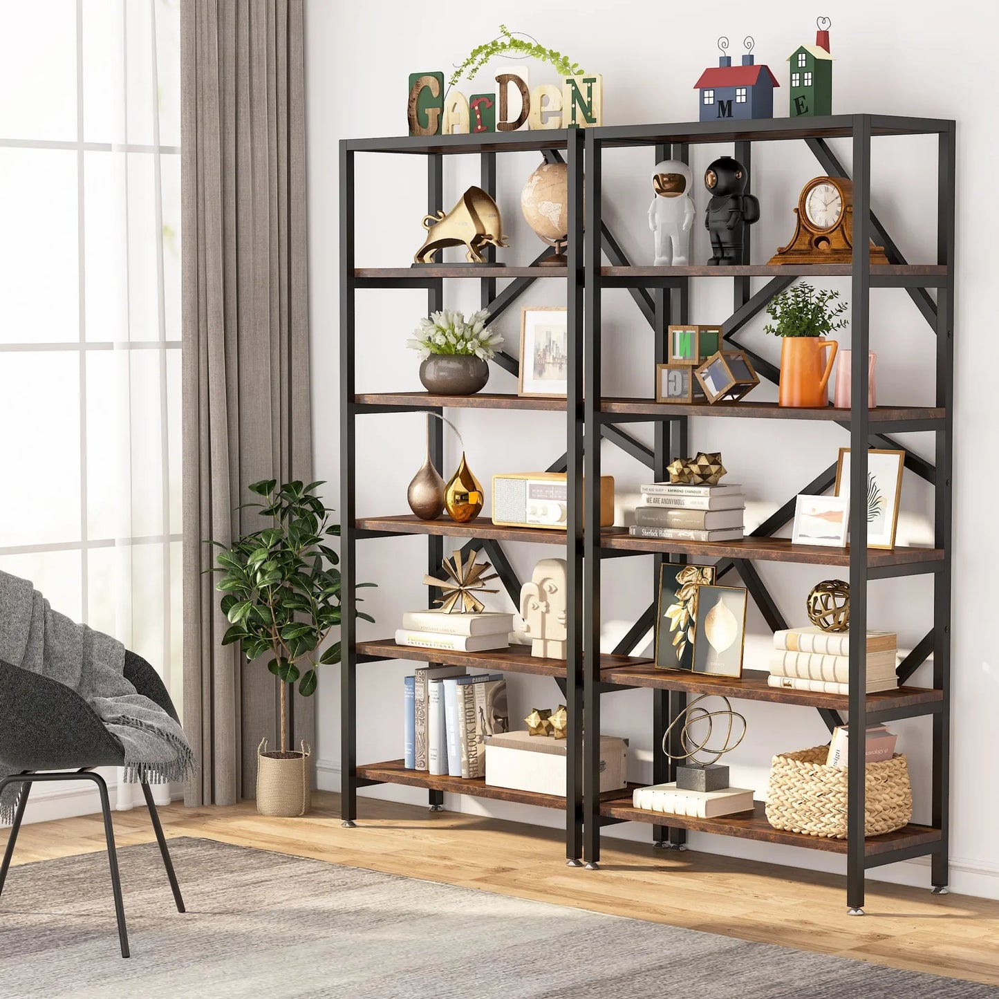 MonoWood 71 Inch High Quality Shelving Units Organizer Rack Industrial Wood Open Bookshelf