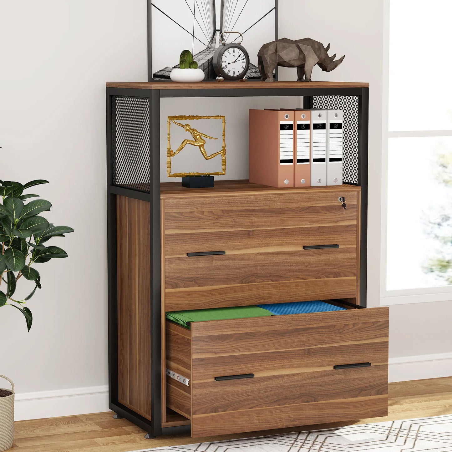 MonoWood 2 Drawer File Cabinet with Lock, Large Lateral Filing Cabinet for Letter/Legal / A4 Size, Wood Printer Stand