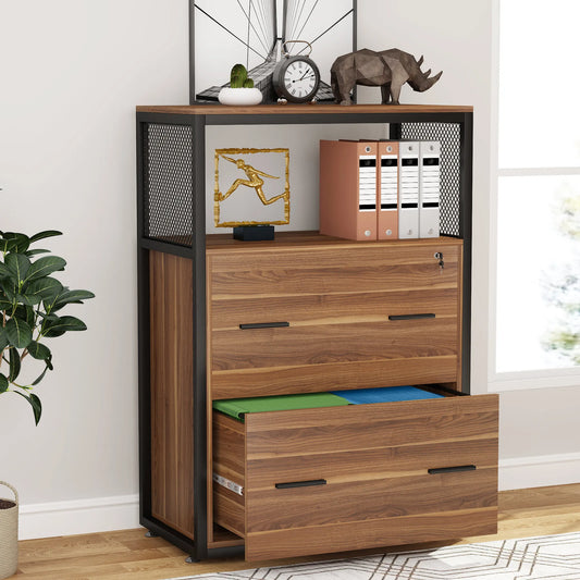 MonoWood 2 Drawer File Cabinet with Lock, Large Lateral Filing Cabinet for Letter/Legal / A4 Size, Wood Printer Stand