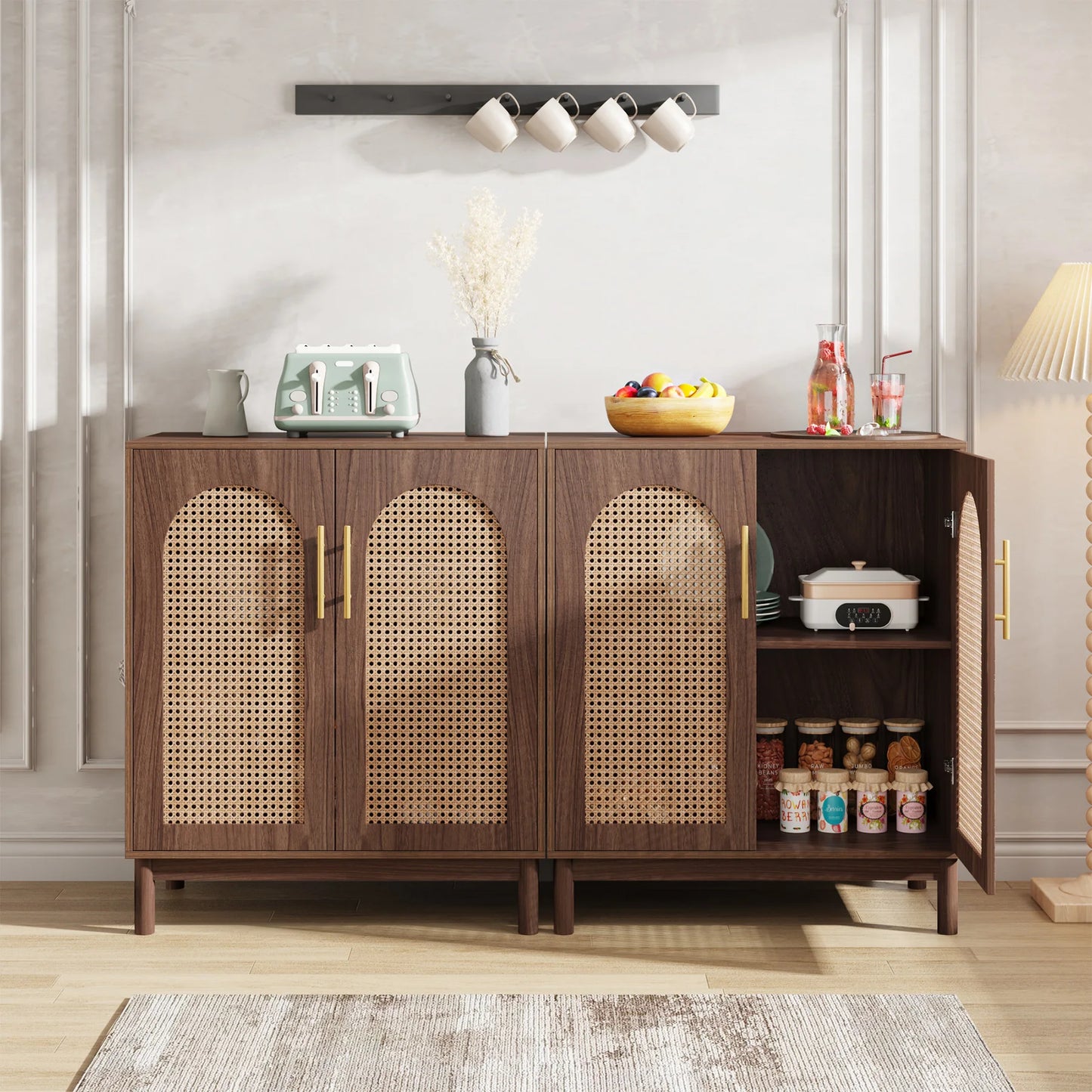 MonoWood Set of 2 Rattan Sideboard Buffet Cabinet with Storage, 59 Inch Accent Cabinet with Doors, Storage Cabinet for Dining