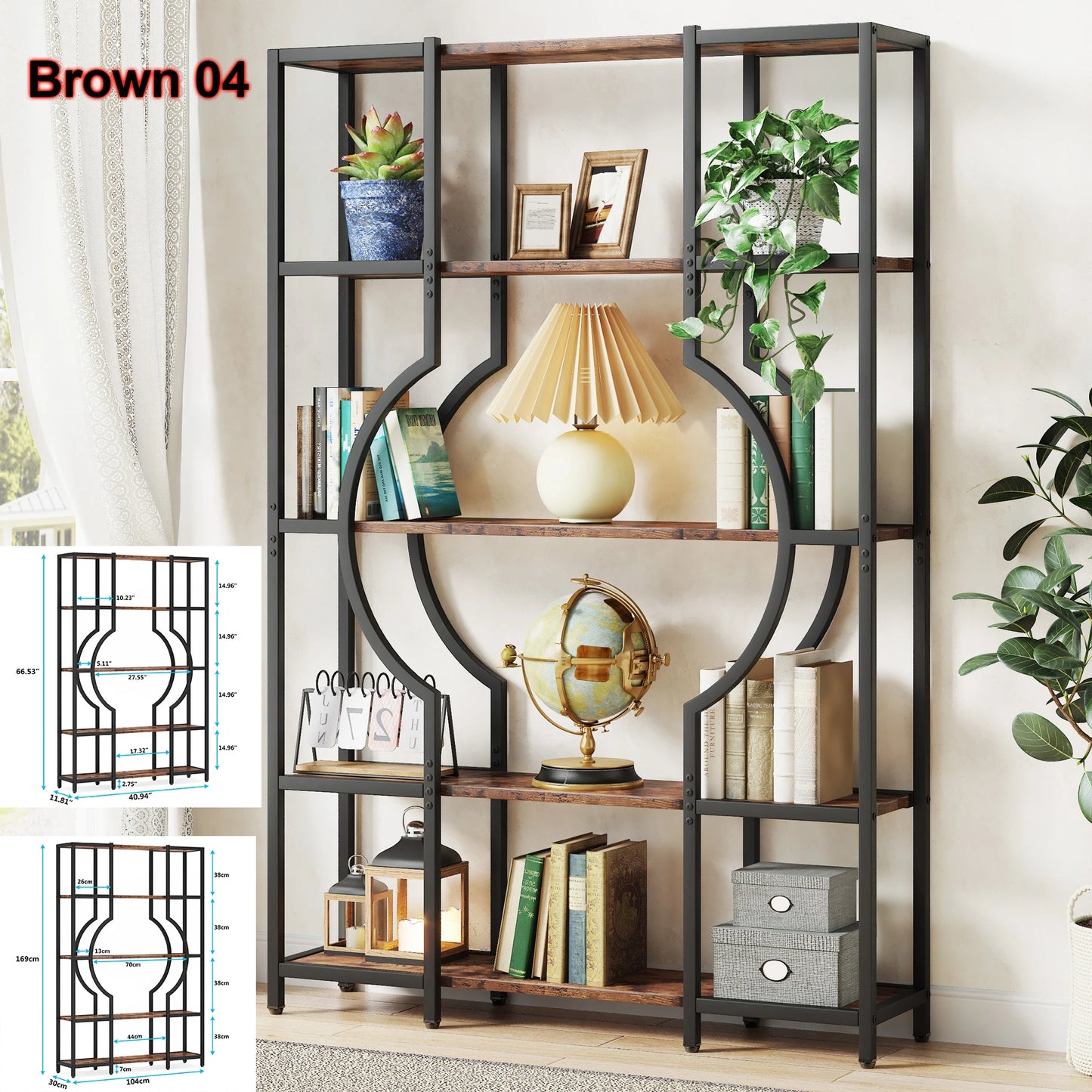 MonoWood Bookshelf Industrial 5 Tier Etagere Bookcase, Freestanding Tall Bookshelves Display Shelf Storage Organizer