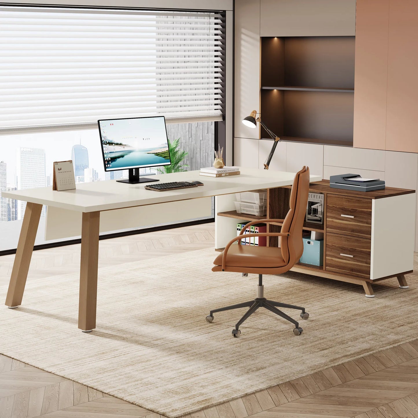 MonoWood 78.7-Inch Executive Desk, L-Shaped Desk with 55-Inch Cabinet, Large Office Desk with Storage Shelves