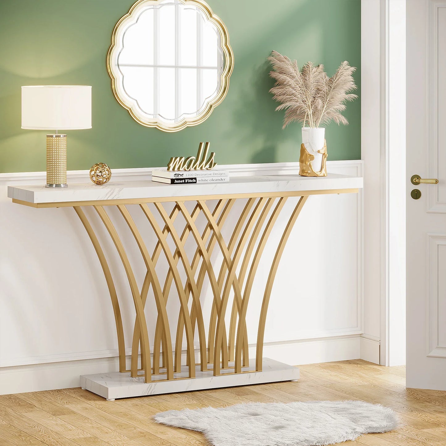 MonoWood 59 inch Gold Console Table, Modern Entryway Table with Grid-Shaped Metal Base for Entrance, Hallway, Entryway
