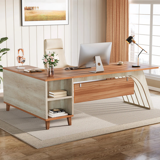 MonoWood 78" Large L-Shaped Executive Desk, Modern Office Desk with Lateral File Cabinet and Drawer, Home Business Desk