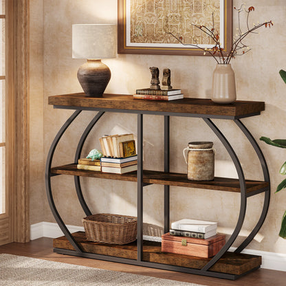 MonoWood 41.3" Console Table, Industrial 3-Tier Entryway Table with Arched Metal Frame and Storage Shelves for Living Room