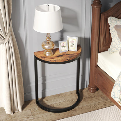 MonoWood End Table Semi Circle, Small Half Round Side Table with Metal Frame, Wood Accent Table Slim C Table