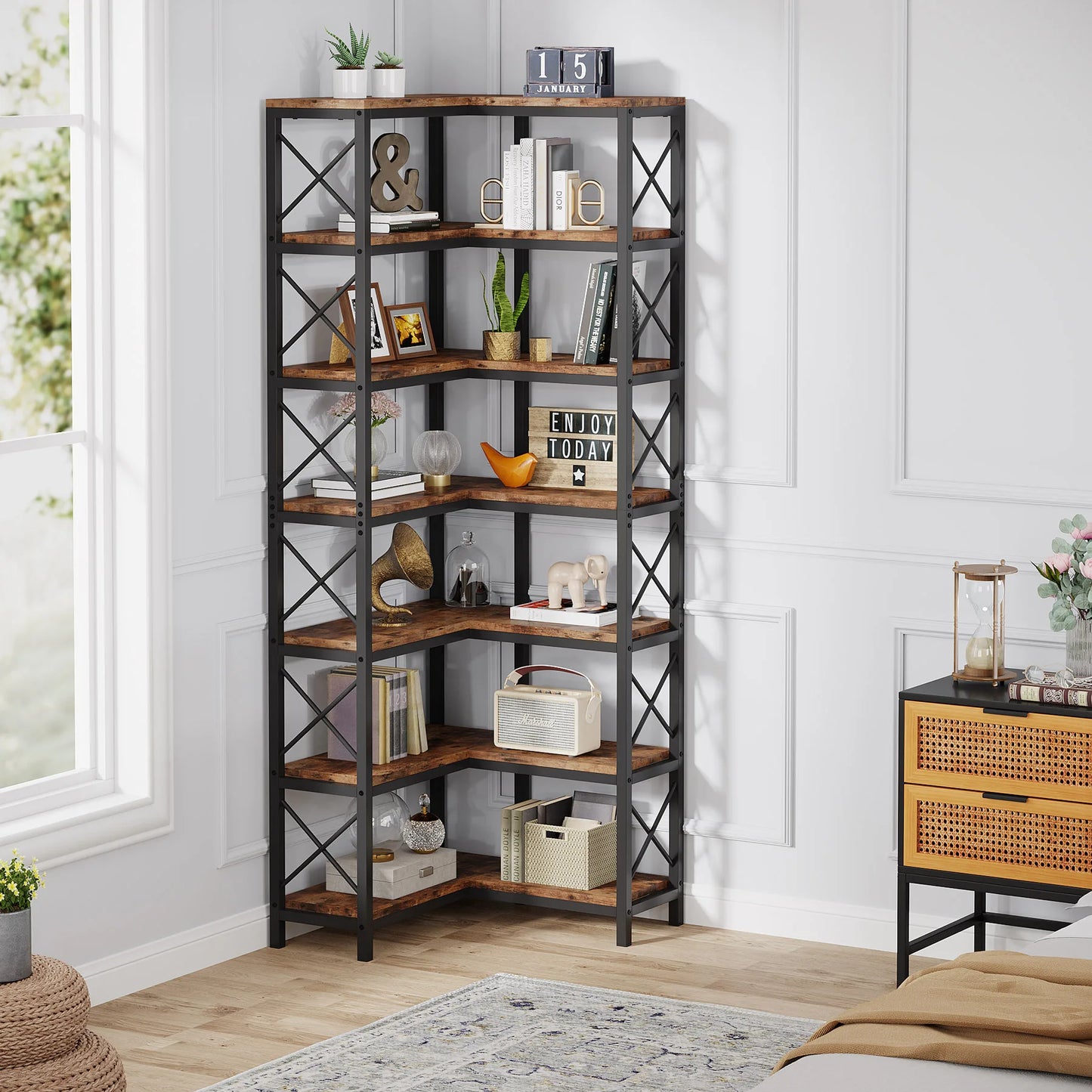 MonoWood 7-Shelf Corner Bookshelf,Large Modern Corner Bookcase, 7-Tier Tall Corner Shelf Storage Display Rack with Metal Frame
