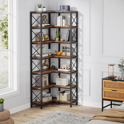 MonoWood 7-Shelf Corner Bookshelf,Large Modern Corner Bookcase, 7-Tier Tall Corner Shelf Storage Display Rack with Metal Frame