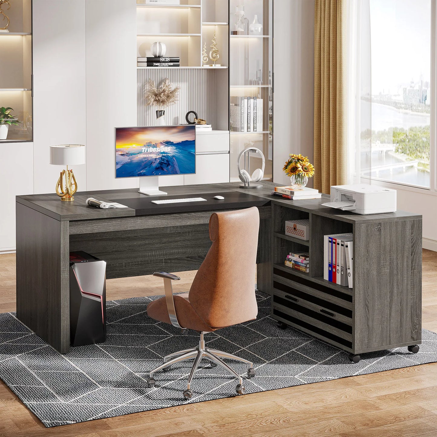 MonoWood 62.2" Executive Desk with Mobile File Cabinet, L-Shaped Office Desk with Storage Shelves, Large Computer Desk
