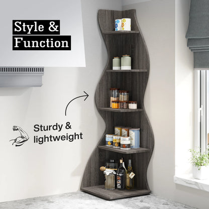 MonoWood Corner Shelf, Modern 5-Tier Wall Corner Bookshelf, Stylish Corner Small Bookcase Storage Rack Plant Stand