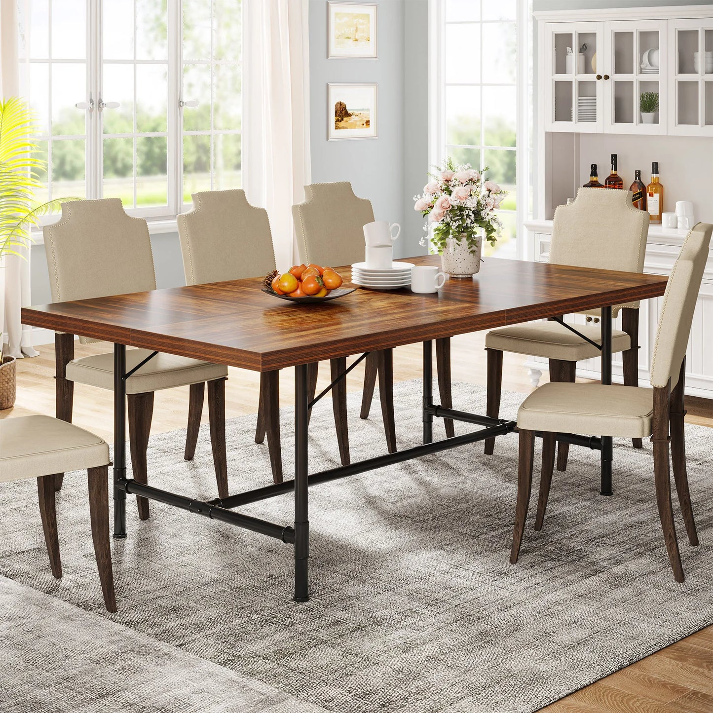 MonoWood Dining Table for 6-8 People, 70.9-Inch Rectangle Wood Kitchen Table with Tube Metal Frame, Rustic Dining Room Table