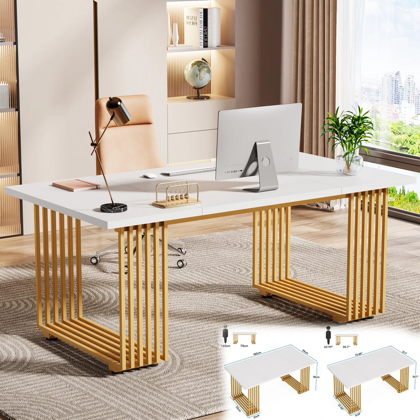 MonoWood Modern Office Desk, 70.9" Wooden Computer Desk,Executive Desk with Gold Metal Legs, Large Workstation Home Office