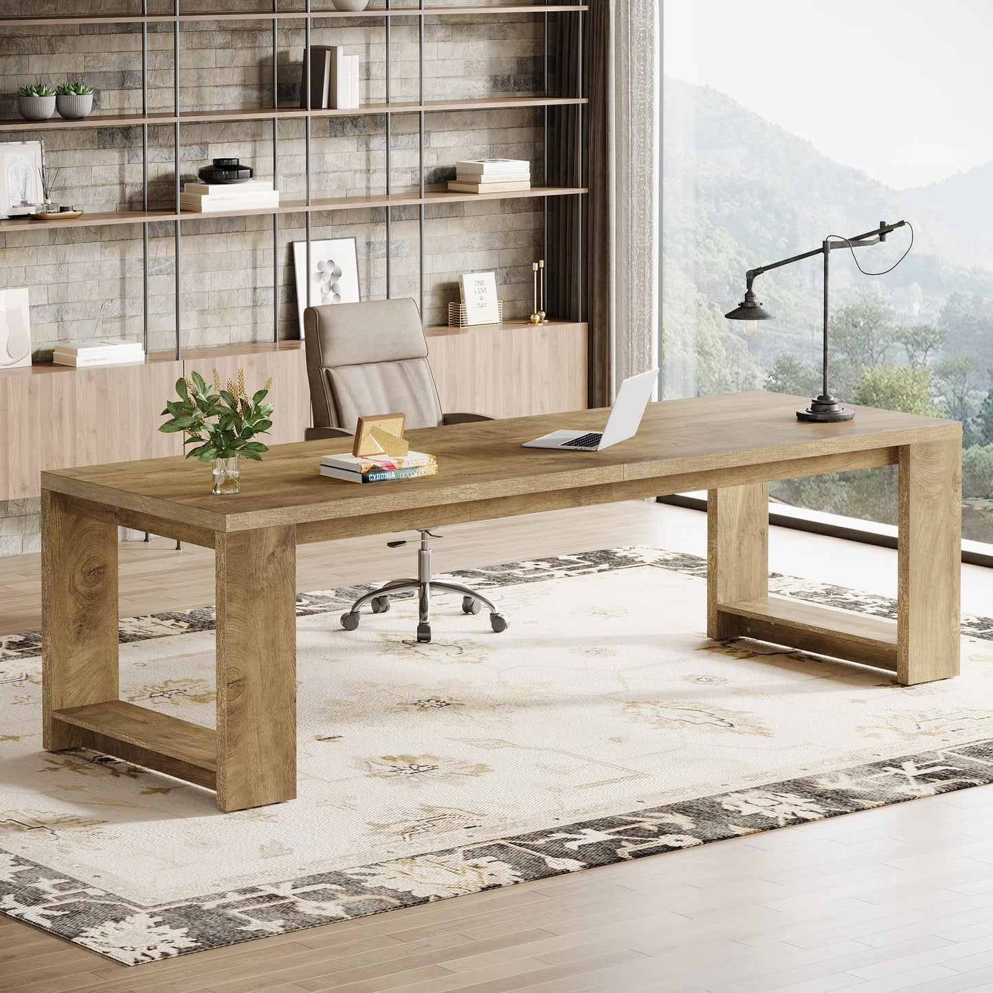 MonoWood Two Person Desk, 86.6 Inches Extra Long Desk, Double Computer Writing Table, Wood Large Desks Workstation