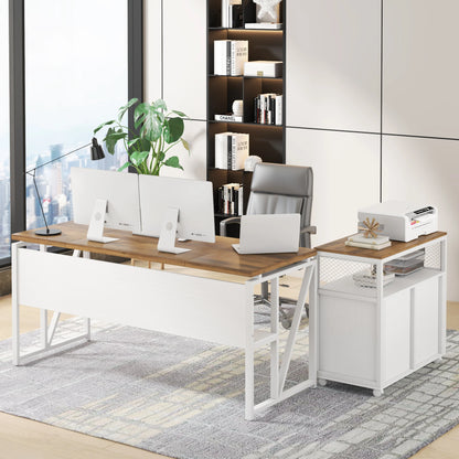 MonoWood 63 inches Computer Desk with Bottom Stoage Shelf Home Office Desk Writing Table for Workstation,Dark Walnut + Steel L