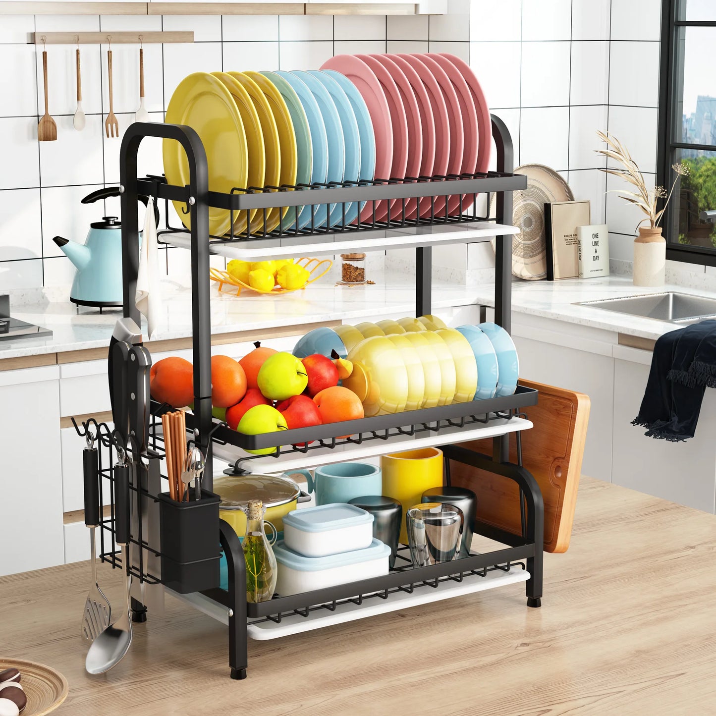 Drying Rack, Metal 3-Tier Large Capacity Dish Rack with Utensil Holder, Cutting Board Holder, Drain Board Tray for Kitchen