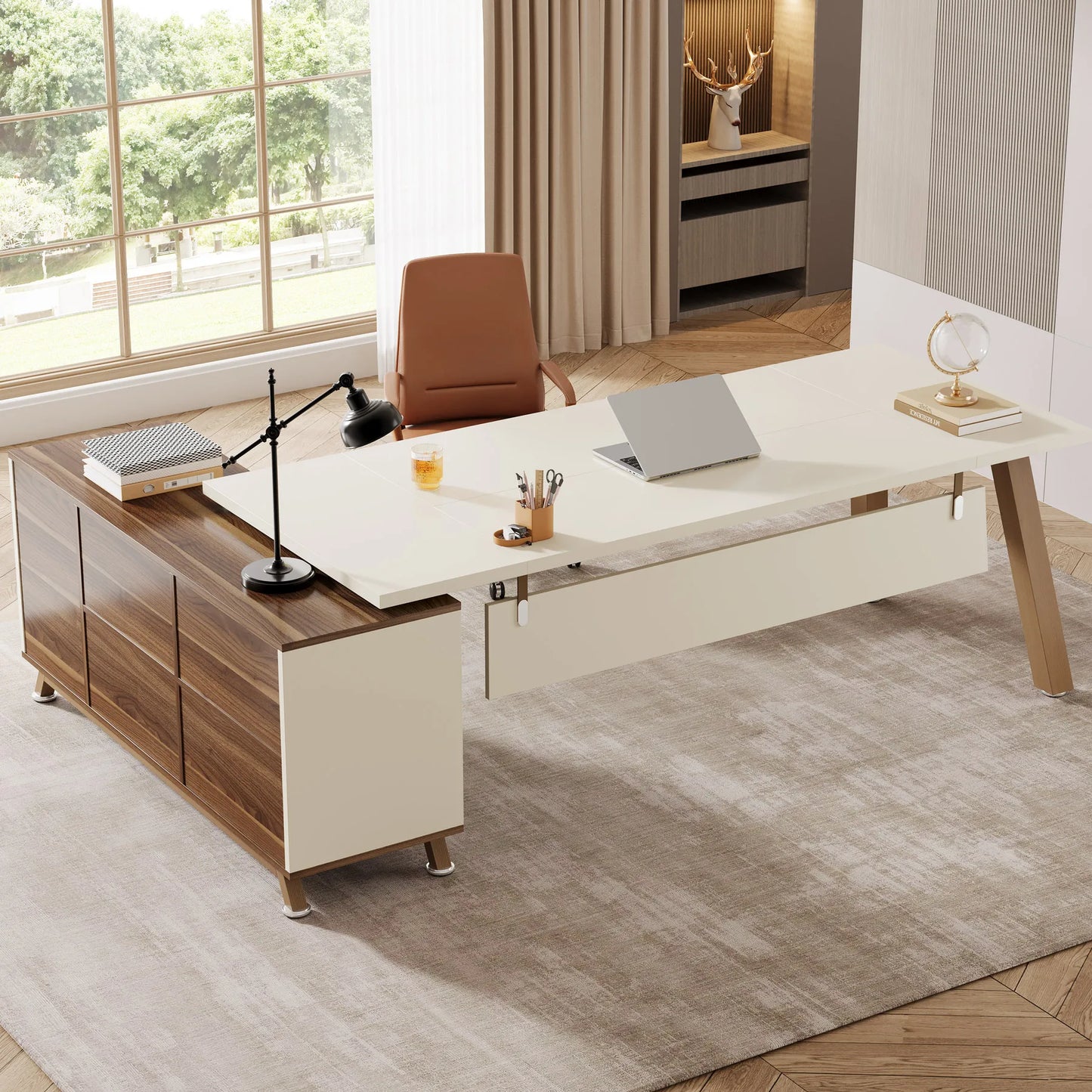 MonoWood 78.7-Inch Executive Desk, L-Shaped Desk with 55-Inch Cabinet, Large Office Desk with Storage Shelves
