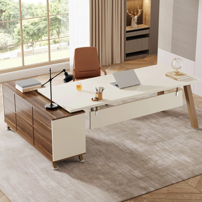 MonoWood 78.7-Inch Executive Desk, L-Shaped Desk with 55-Inch Cabinet, Large Office Desk with Storage Shelves