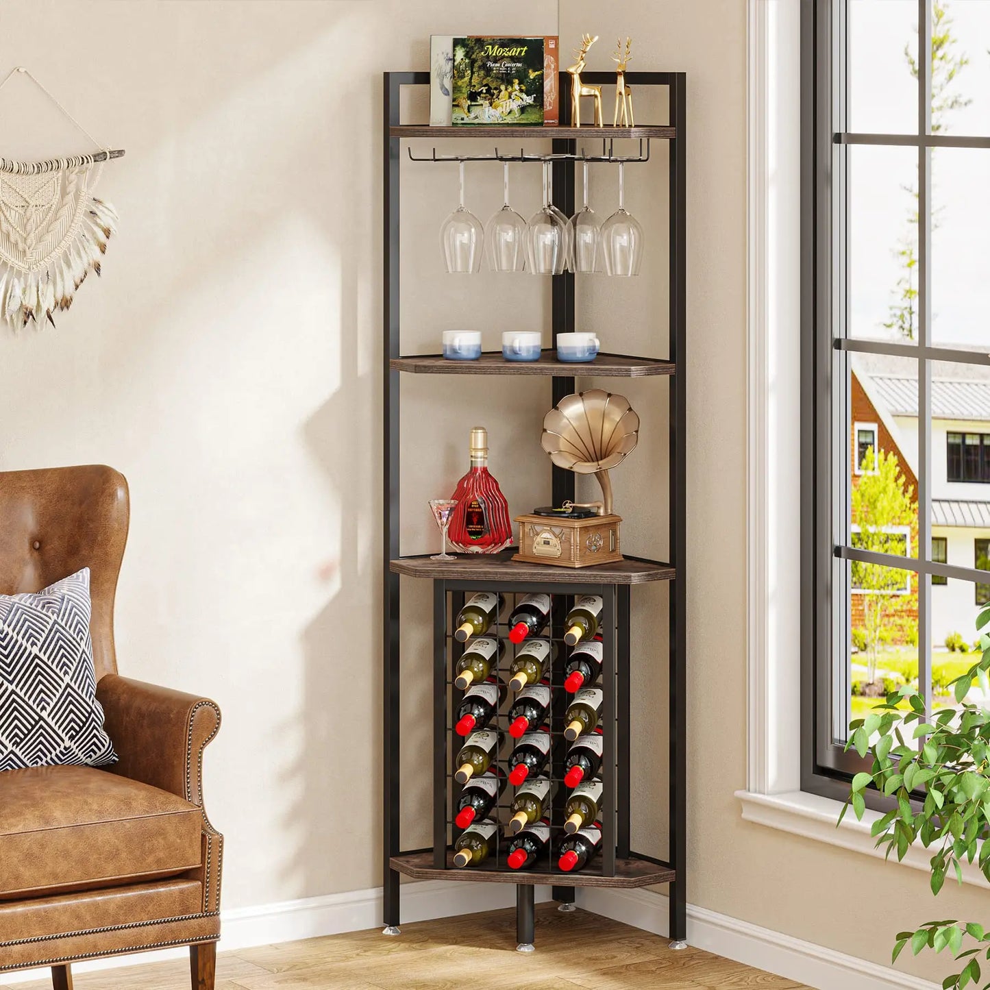 MonoWood Wine Rack Bar Cabinet 4 Tier Corner Shelf with Glass Holder