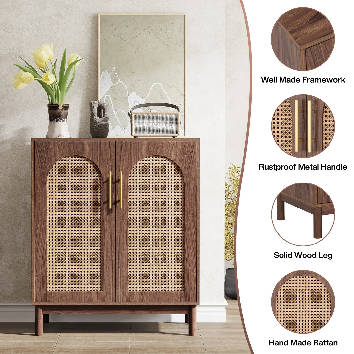 MonoWood Set of 2 Rattan Sideboard Buffet Cabinet with Storage, 59 Inch Accent Cabinet with Doors, Storage Cabinet for Dining