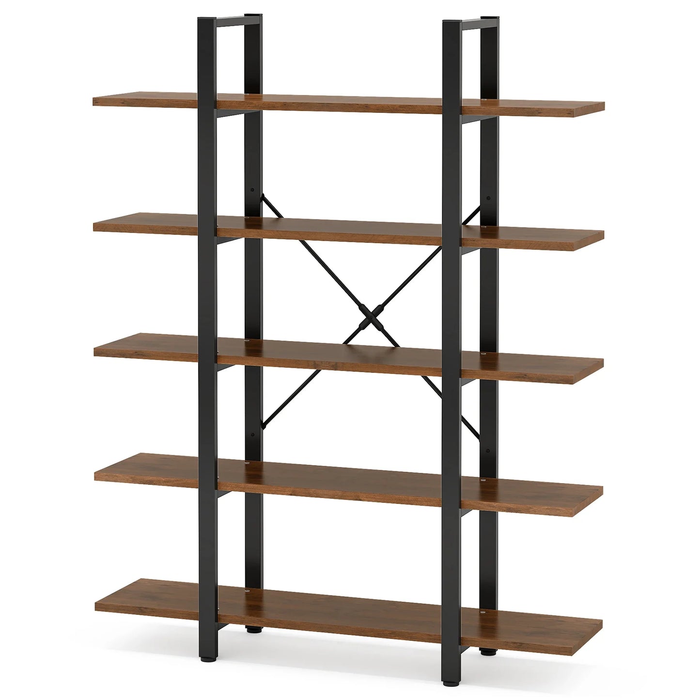 MonoWood 5-Tier Bookshelf, Vintage Industrial Style Bookcase 72 H x 12 W x 47L Inches, Retro Brown