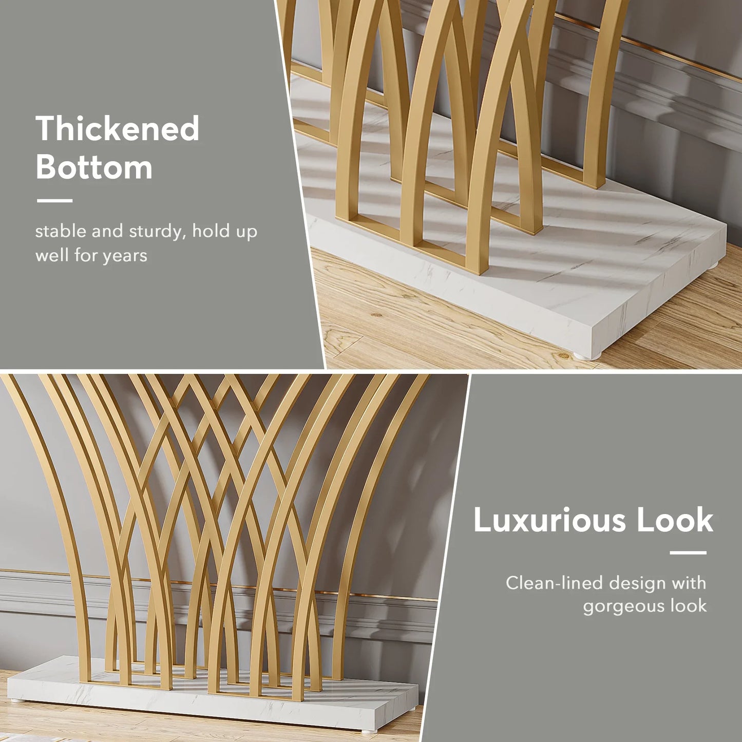 MonoWood 59 inch Gold Console Table, Modern Entryway Table with Grid-Shaped Metal Base for Entrance, Hallway, Entryway