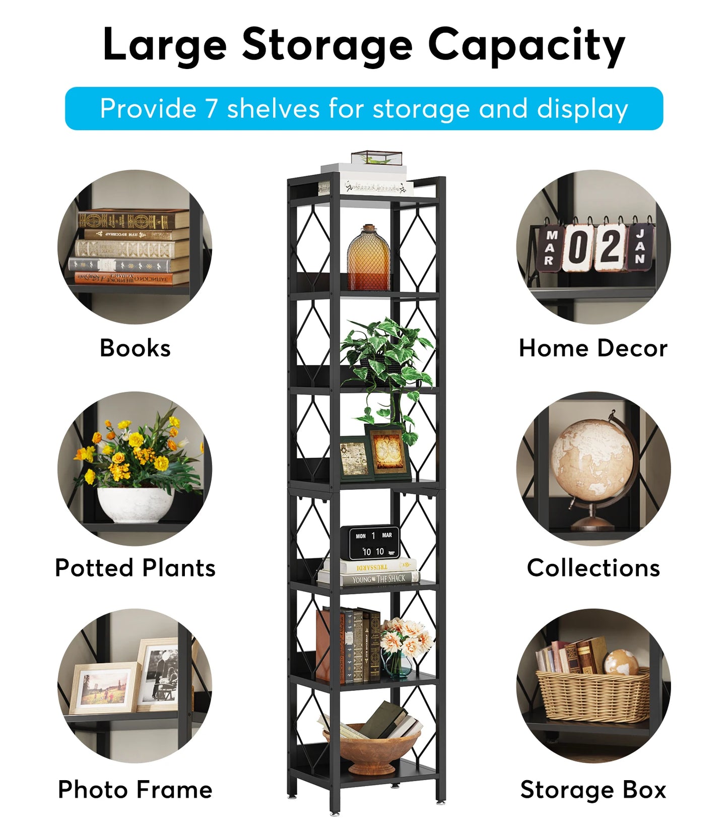 MonoWood 78.7 Inch Extra Tall Narrow Bookshelf, 7 Tier Skinny Bookcase for Small Spaces, Freestanding Display Shelves