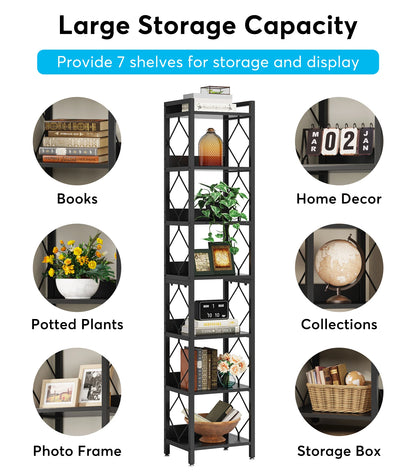 MonoWood 78.7 Inch Extra Tall Narrow Bookshelf, 7 Tier Skinny Bookcase for Small Spaces, Freestanding Display Shelves