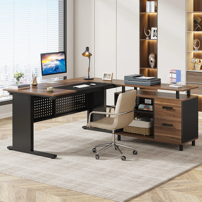 MonoWood 63 Inch Executive Desk with File Cabinet, Large Office Desk L Shaped Computer Desk with Drawers and Storage Shelves