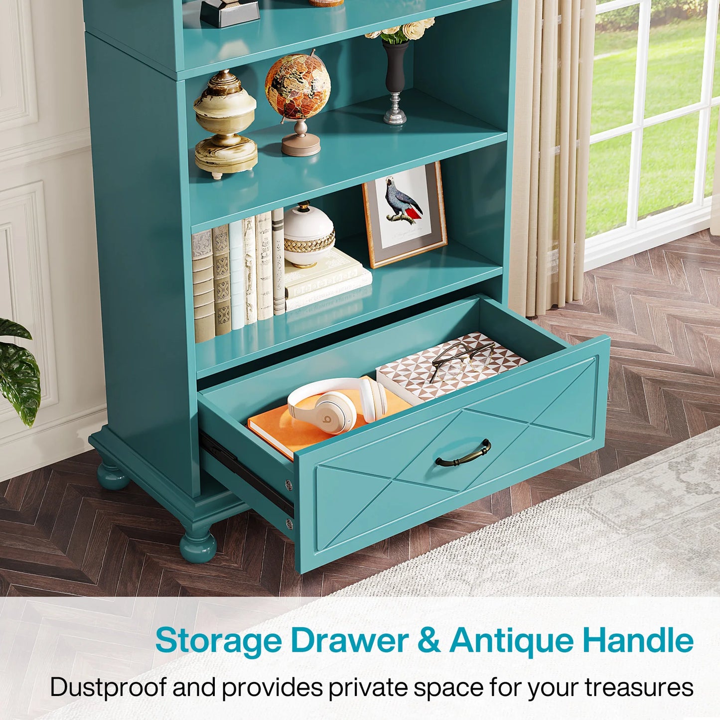 MonoWood 6-Shelf Bookcase with Drawer, 71 Inch Tall Floor Standing Bookshelf with Solid Wood Legs, Large Display Storage