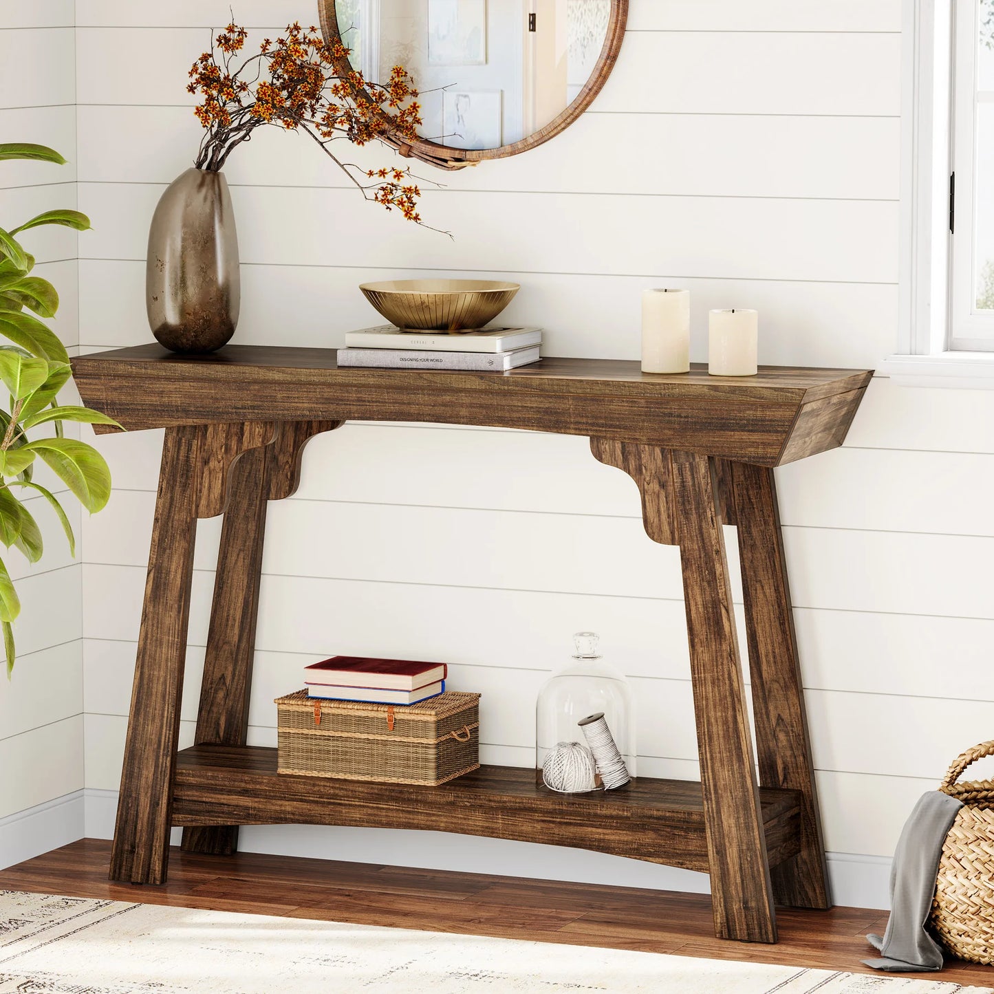 MonoWood 41.3" Wood Console Table, 2-Tier Entryway Table with Storage Shelf, Farmhouse Narrow Sofa Table Behind Couch