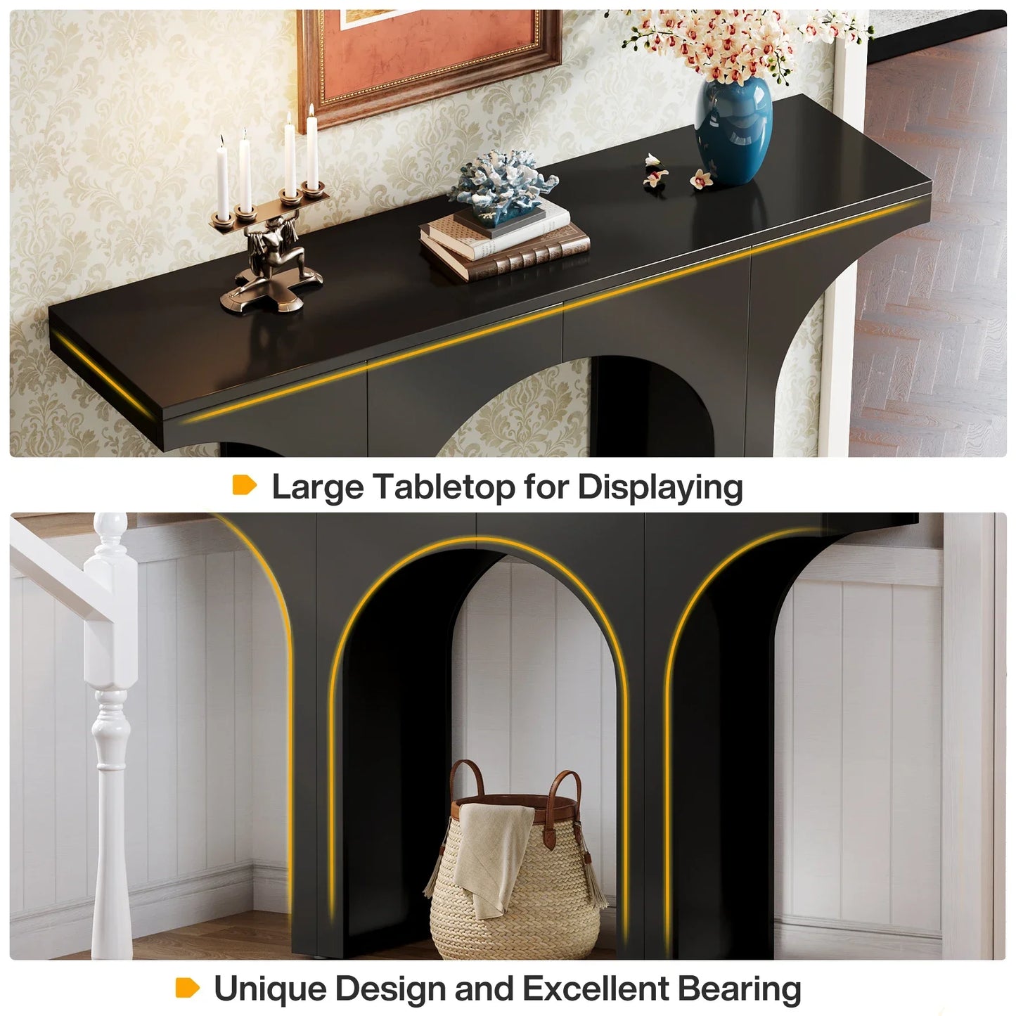 MonoWood 47 Inches Console Table, Black Entryway Table, Modern Hallway Table, Sofa Table with Arch Base, Unique Foyer Table