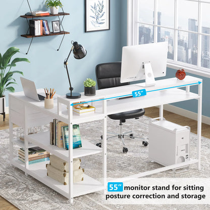 MonoWood Reversible L Shaped Desk with Drawer, Industrial Corner Desk Home Office Table with Shelves and Monitor Stand