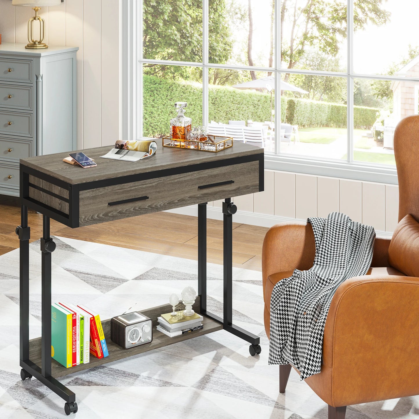 MonoWood Portable Desk with Drawers, Mobile Laptop Desk with Wheels, Sofa Side Table Small Portable Standing Rolling Table