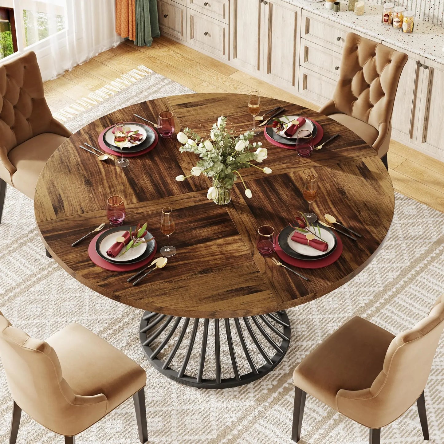 MonoWood Round Dining Table for 4-6 People, 47-Inch Farmhouse Dinning Room Table Circle Kitchen Table, Industrial Dinner Table
