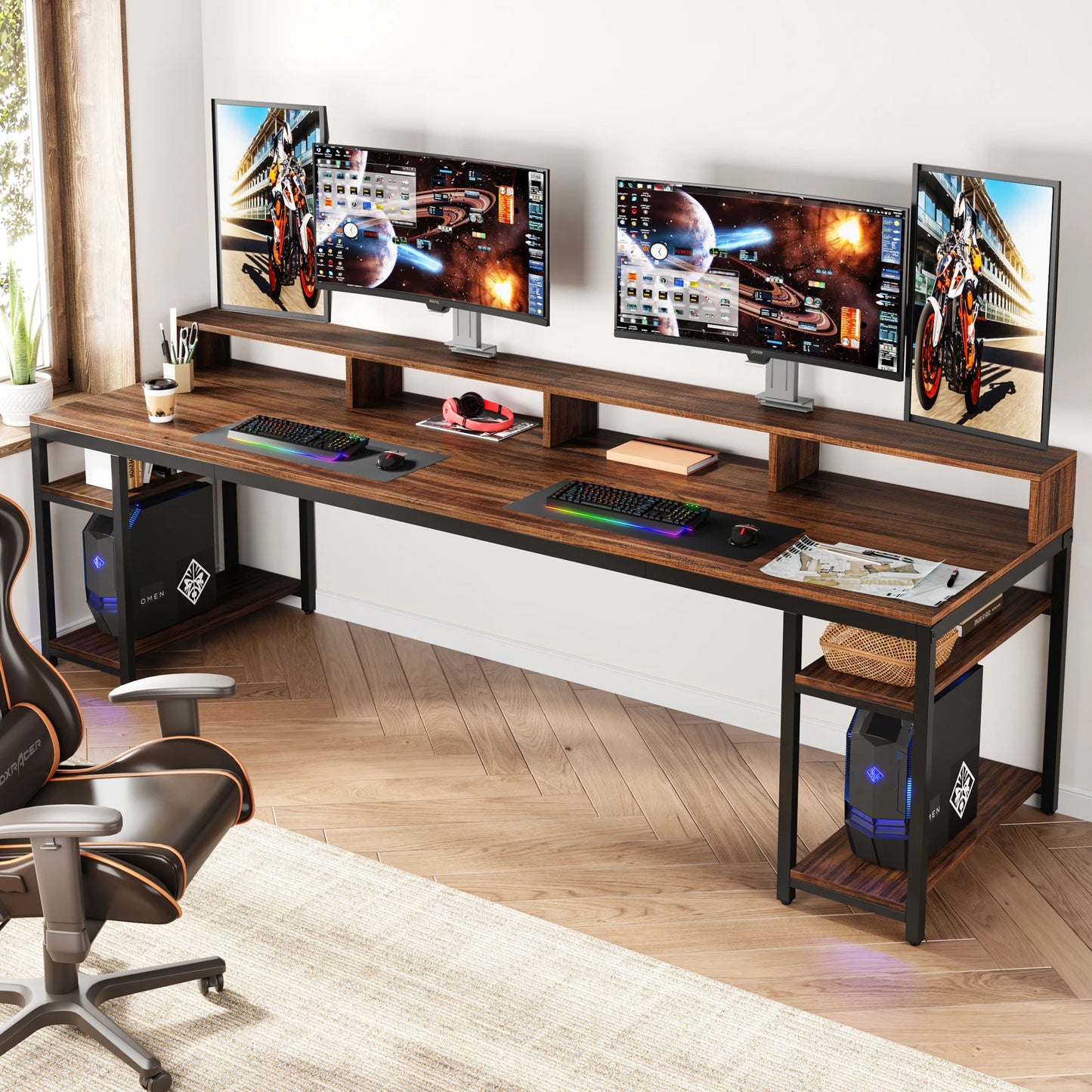 MonoWood 78.74 Inches Extra Long Two-Person Desk, Double Computer Desk with Monitor Stand and Storage Shelves, Work Table