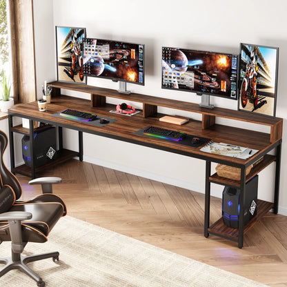 MonoWood 78.74 Inches Extra Long Two-Person Desk, Double Computer Desk with Monitor Stand and Storage Shelves, Work Table
