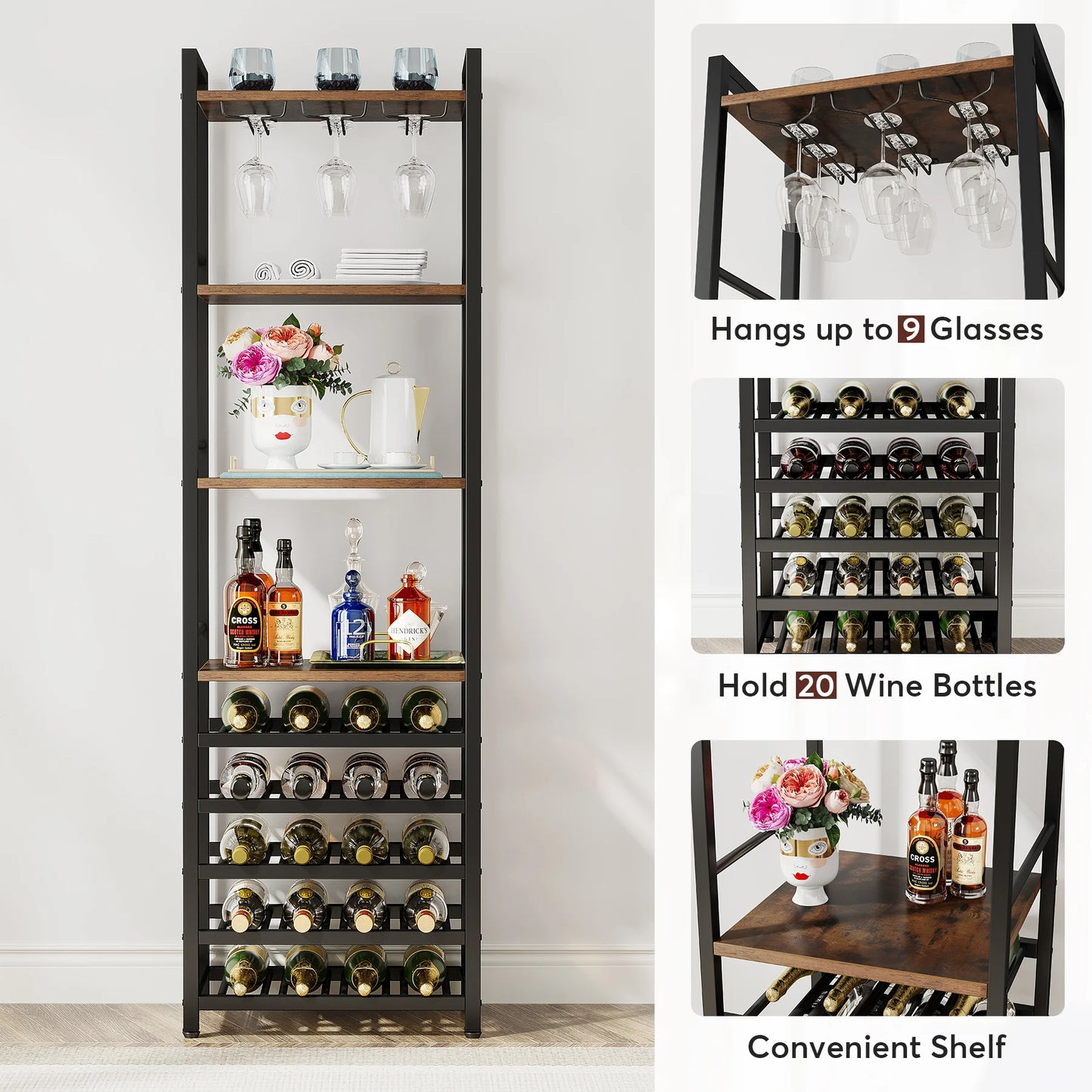 MonoWood 20 Bottle Wine Bakers Rack, 9 Tier Freestanding Wine Rack with Glass Holder and Storage Shelves